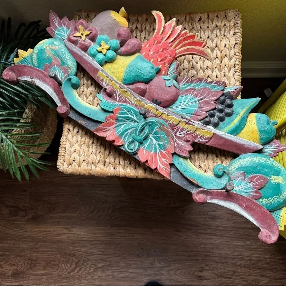 One of a Kind Vintage Colorful Handcrafted and Carved Wood Wall Decor Coat Rack